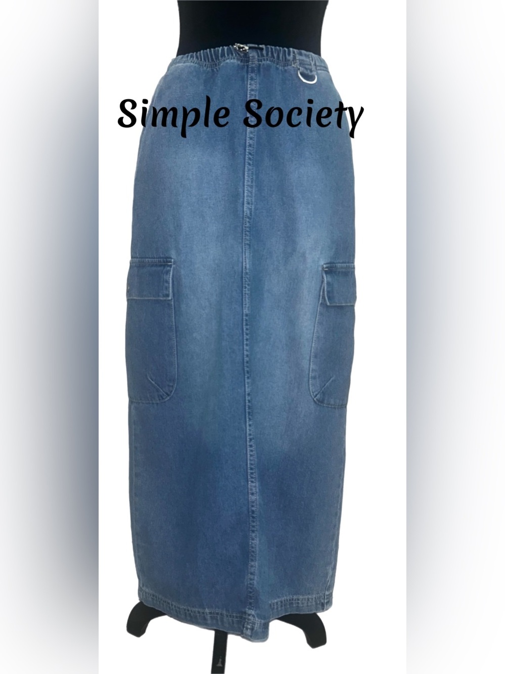 Simple Society Women's Parachute Cargo Denim Cargo Maxi Skirt in Blue